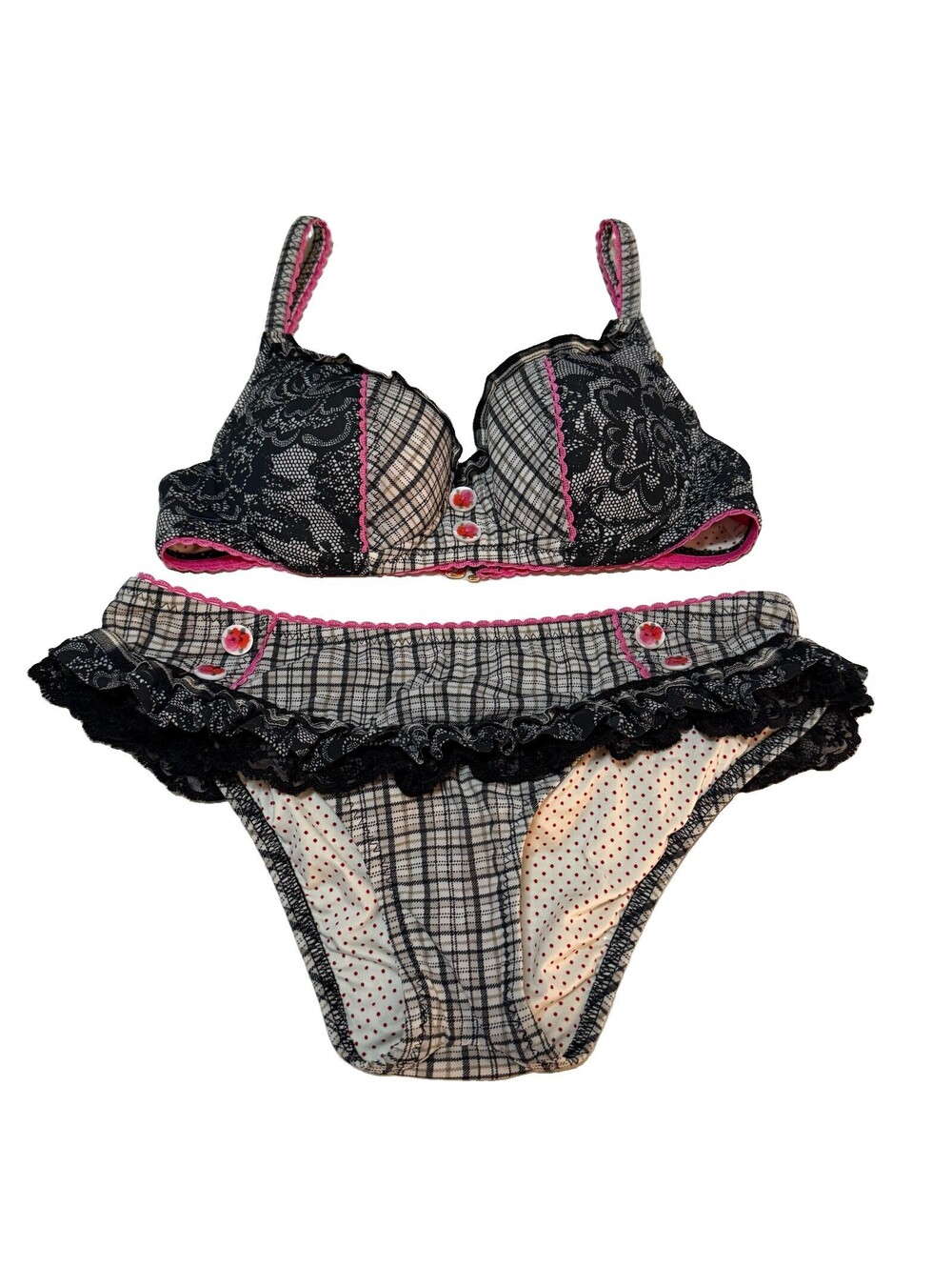 Vintage Rare Betsey Johnson Swim Bikini Set Small Y2K Plaid Lace Ruffle Whimsy